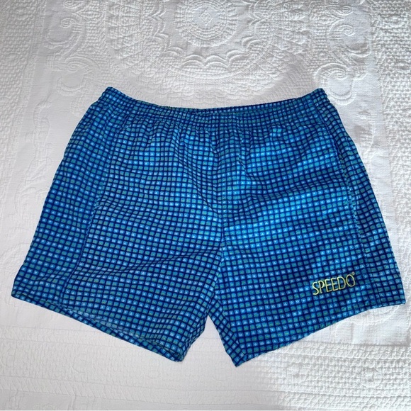 Men's Vintage 90s Speedo Swim Shorts / Trunks Blue Checkered Print With Pockets - Picture 1 of 10